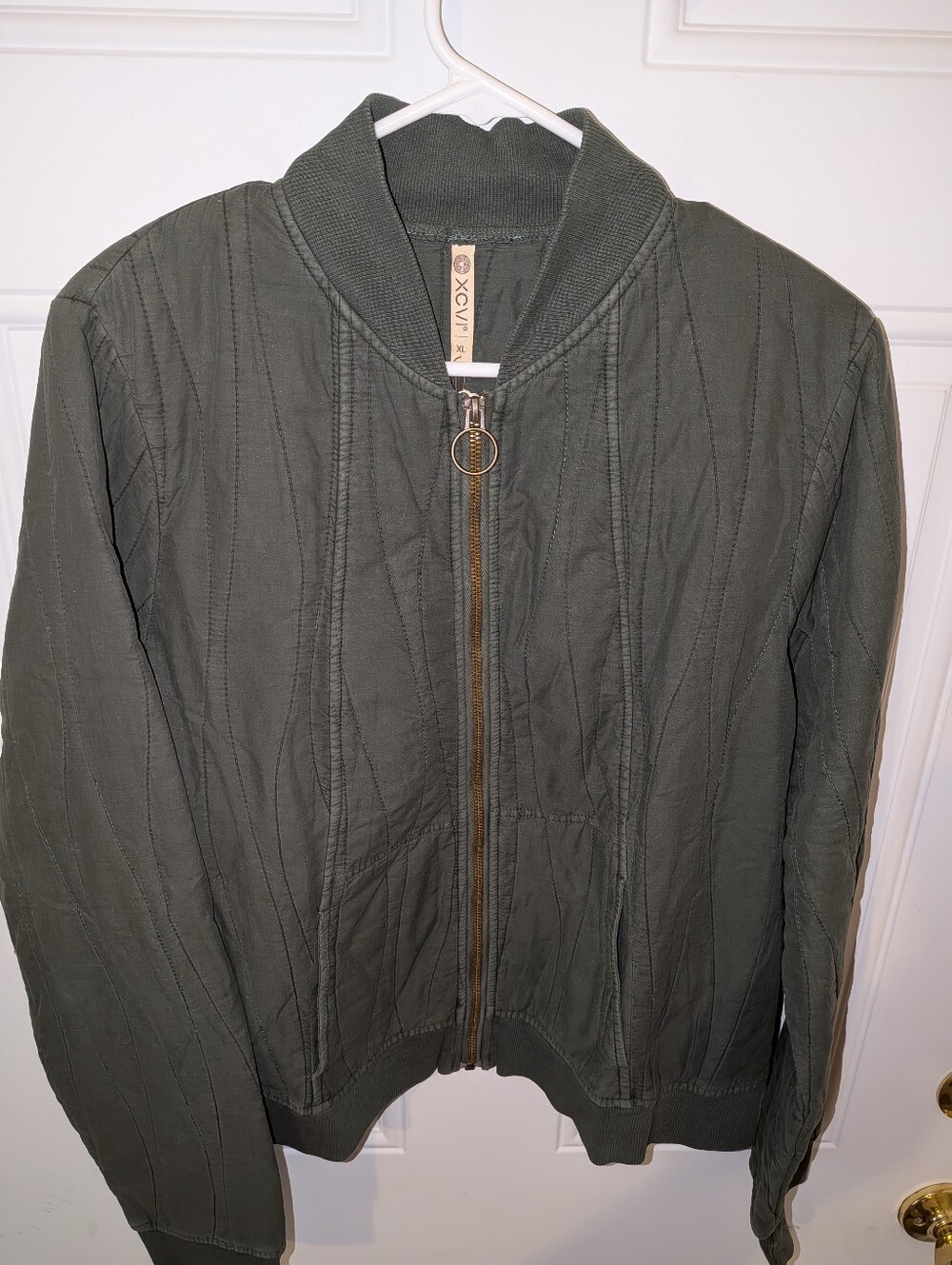 XCVI Olive Quilted Bomber Jacket with Ring Zip Pull